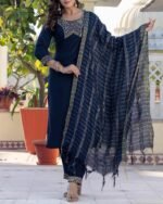 Women Woven Yoke Straight Kurta Set