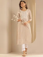 Beige Embroidered Cotton Blend Straight Kurta